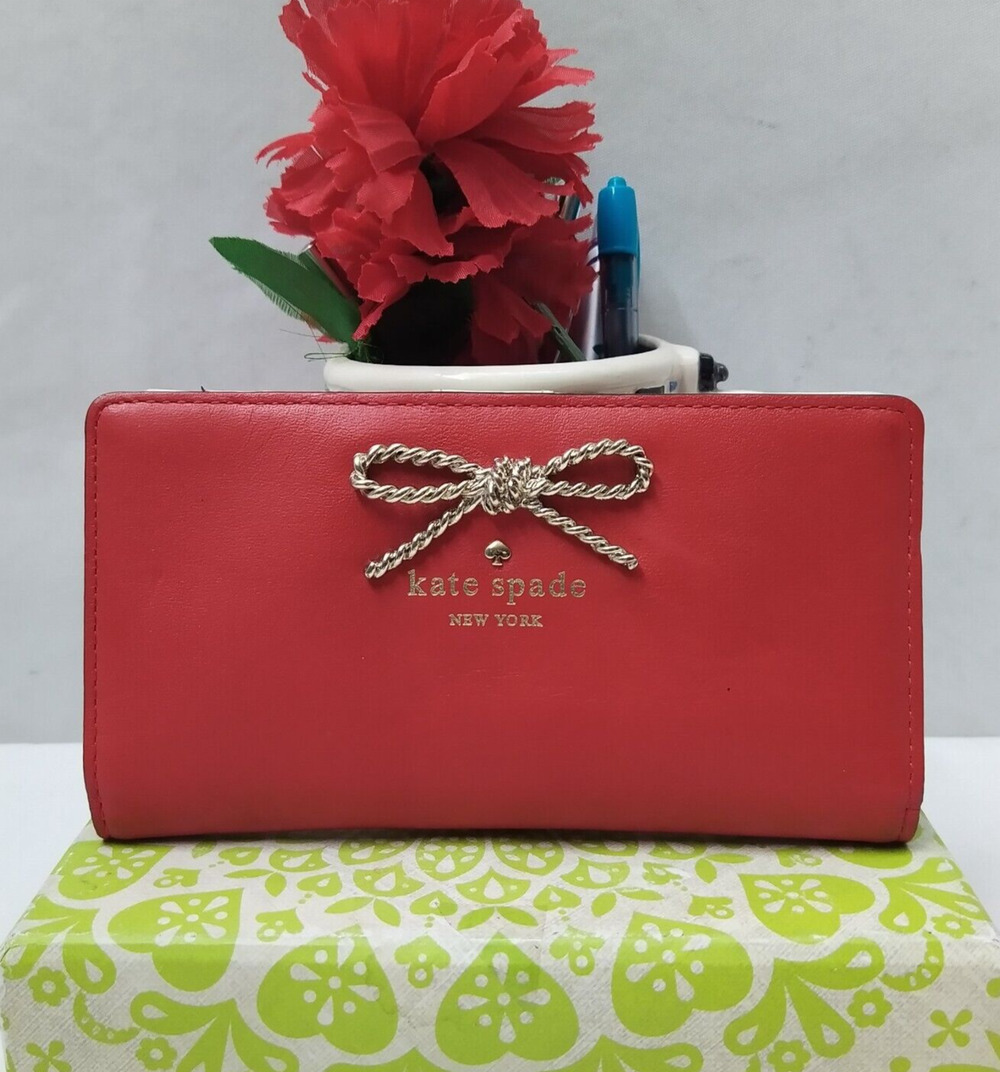 Kate Spade New York Red Leather Bow Credit Card ID Windown Bifold Wallet
